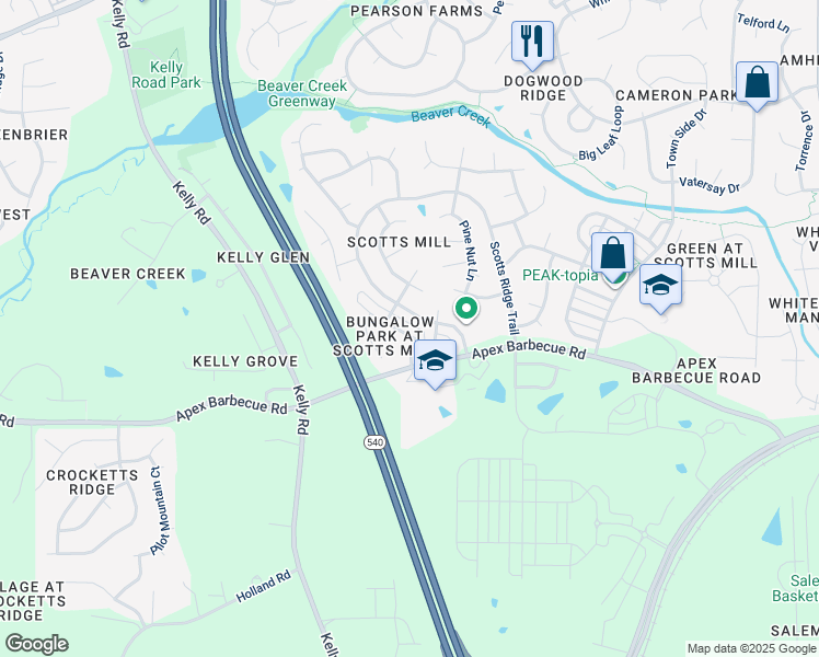 map of restaurants, bars, coffee shops, grocery stores, and more near 1119 Bungalow Park Drive in Apex