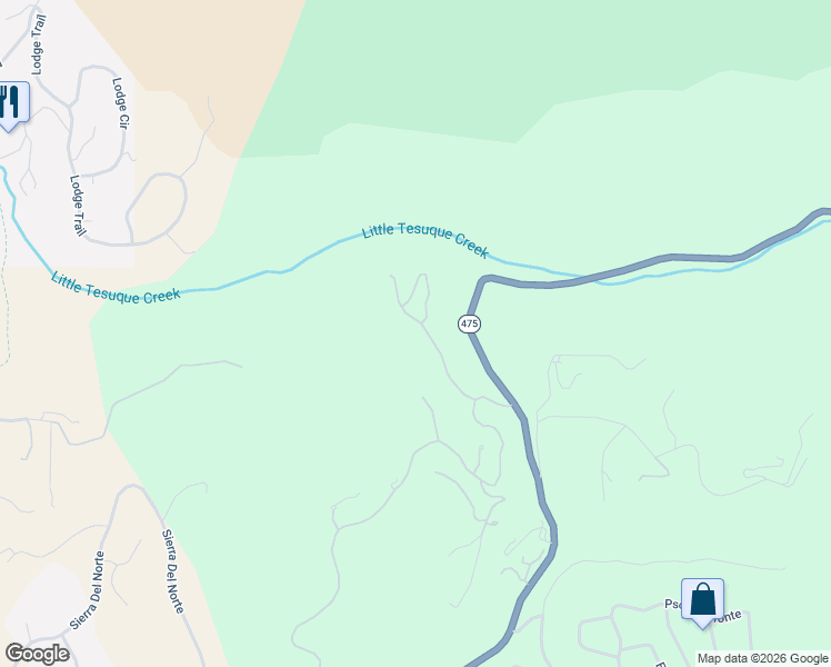 map of restaurants, bars, coffee shops, grocery stores, and more near 1416 Tesuque Creek Road in Santa Fe