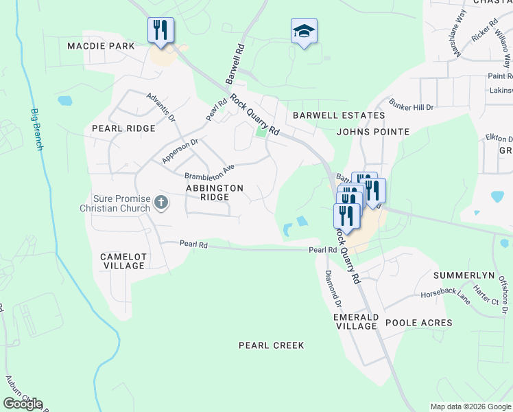 map of restaurants, bars, coffee shops, grocery stores, and more near 5921 Abbington Way in Raleigh