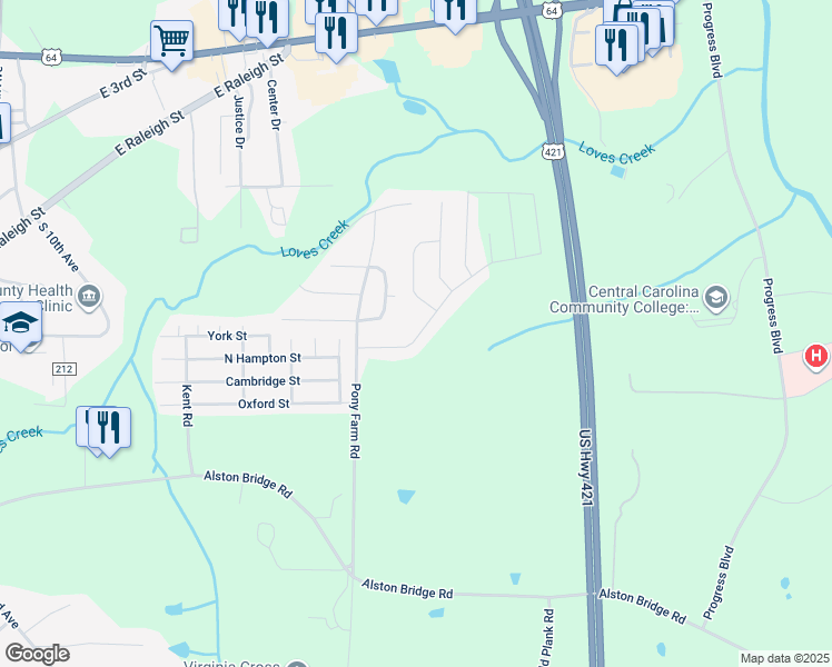 map of restaurants, bars, coffee shops, grocery stores, and more near 1318 Fairfax Street in Siler City