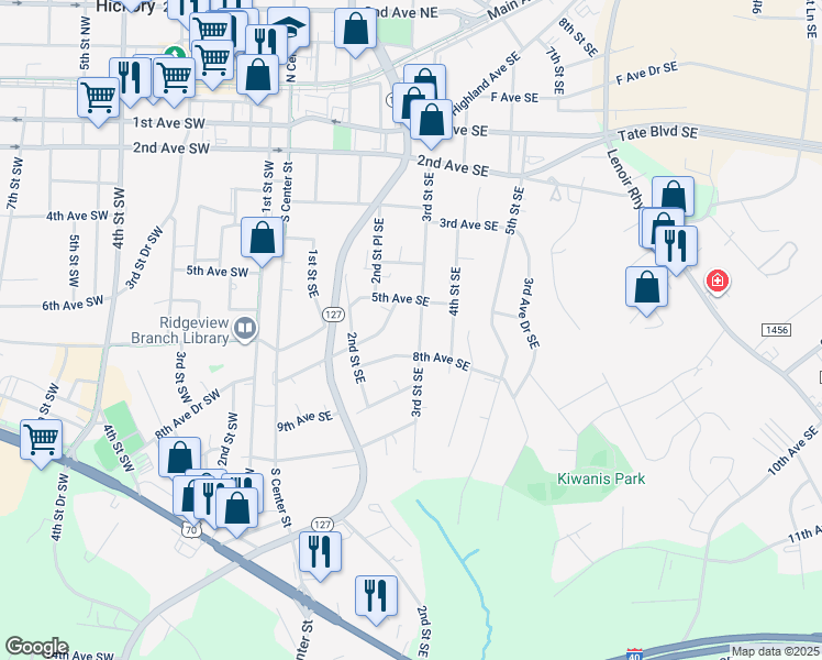 map of restaurants, bars, coffee shops, grocery stores, and more near 640 3rd Street Southeast in Hickory