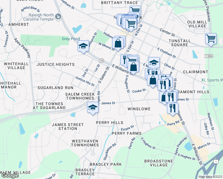 map of restaurants, bars, coffee shops, grocery stores, and more near 208 Log Pond Court in Apex