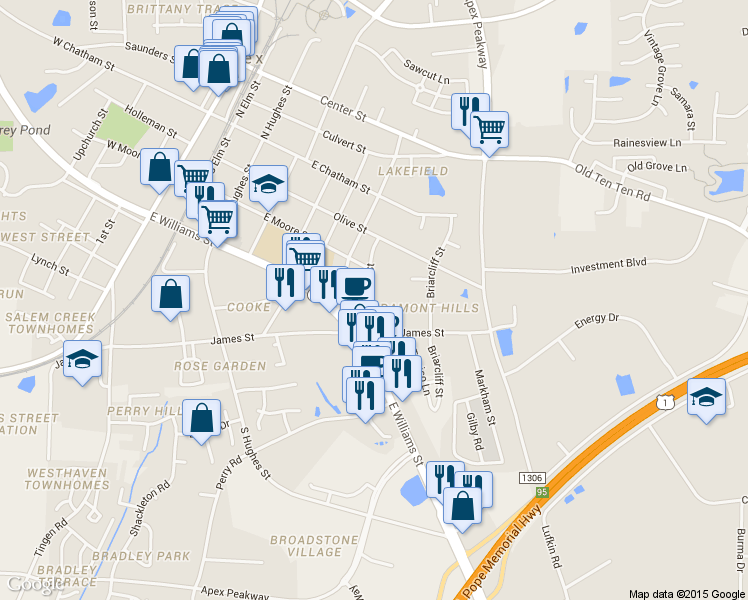 map of restaurants, bars, coffee shops, grocery stores, and more near 309 Wrenn Street in Apex