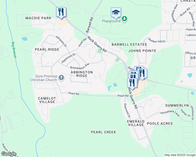 map of restaurants, bars, coffee shops, grocery stores, and more near 5921 Abbington Way in Raleigh