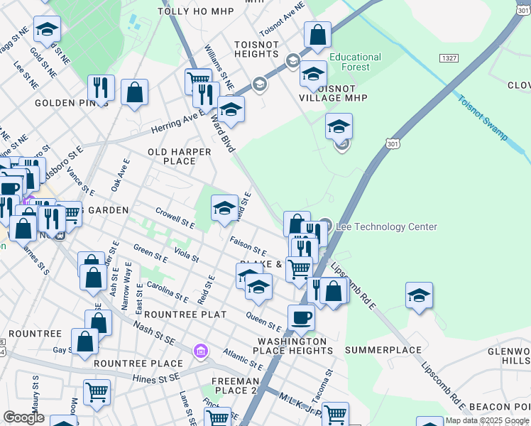 map of restaurants, bars, coffee shops, grocery stores, and more near 4736 Ward Boulevard in Wilson