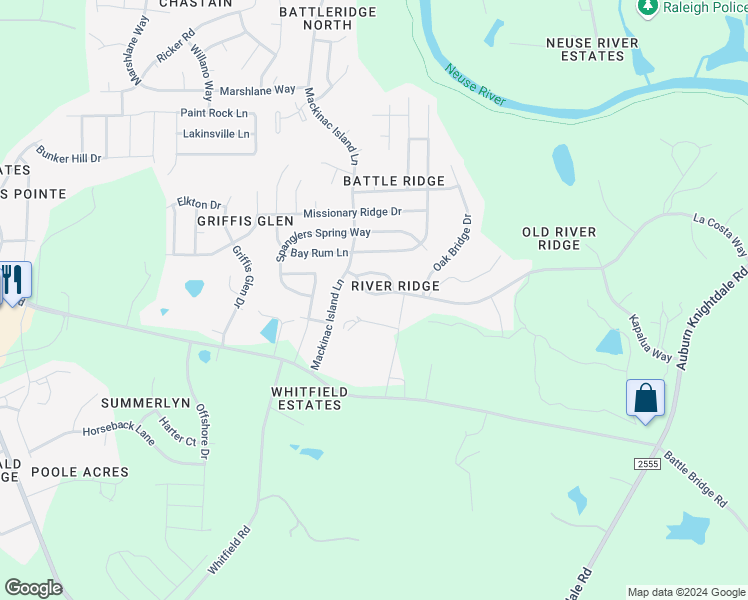 map of restaurants, bars, coffee shops, grocery stores, and more near 3132 La Costa Way in Raleigh