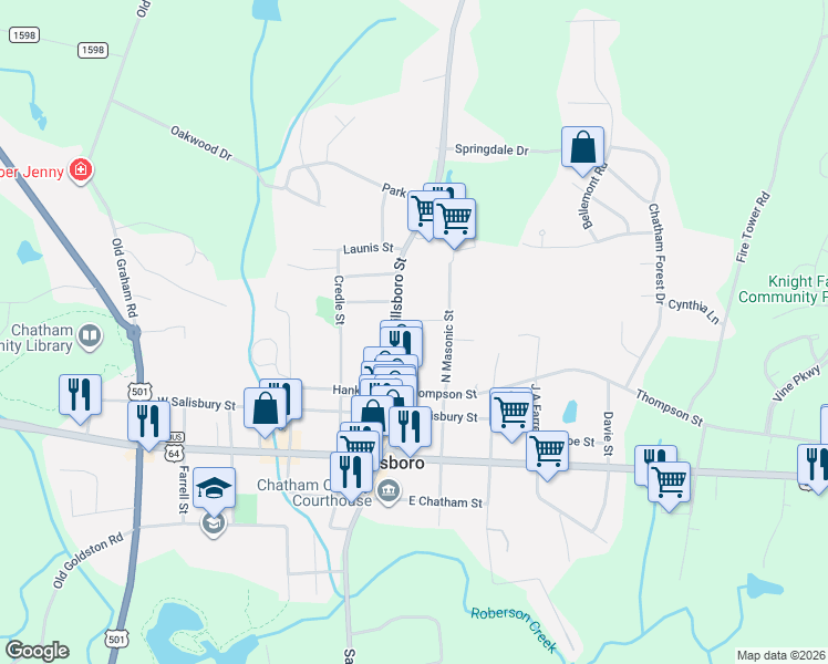 map of restaurants, bars, coffee shops, grocery stores, and more near 327 North Masonic Street in Pittsboro