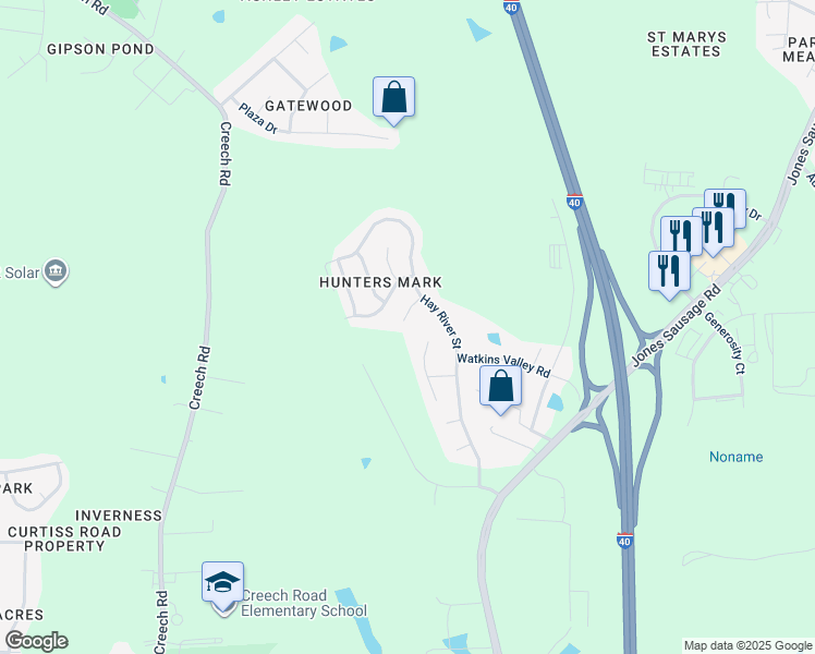 map of restaurants, bars, coffee shops, grocery stores, and more near 117 Alaverde Way in Garner