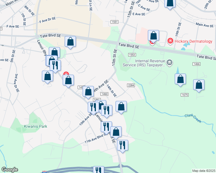 map of restaurants, bars, coffee shops, grocery stores, and more near 926 14th Street Southeast in Hickory
