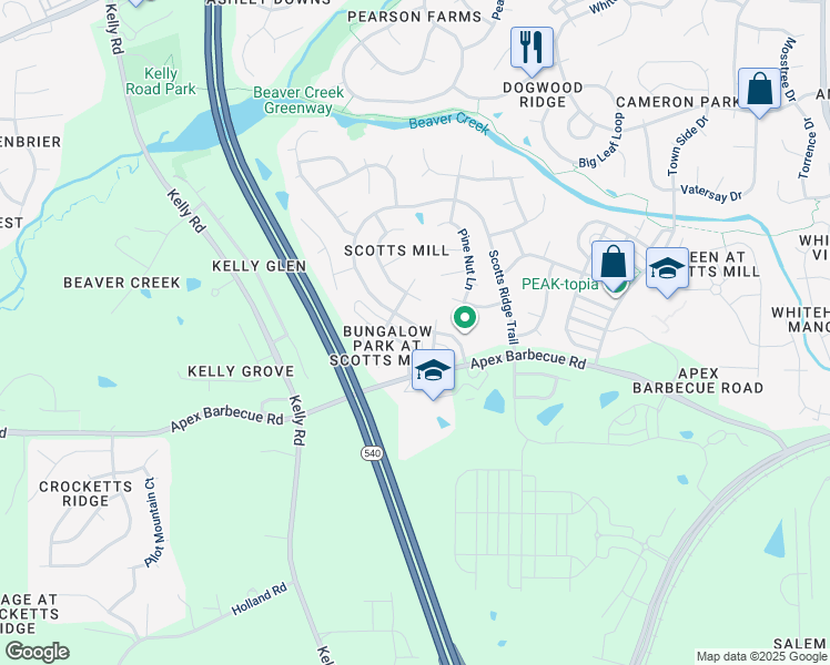 map of restaurants, bars, coffee shops, grocery stores, and more near 1126 Scotts Ridge Trail in Apex