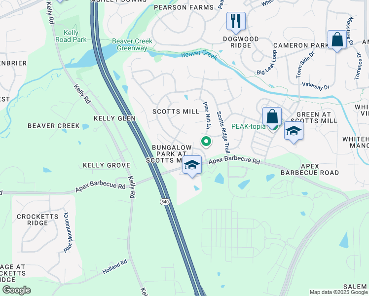 map of restaurants, bars, coffee shops, grocery stores, and more near 1126 Scotts Ridge Trail in Apex