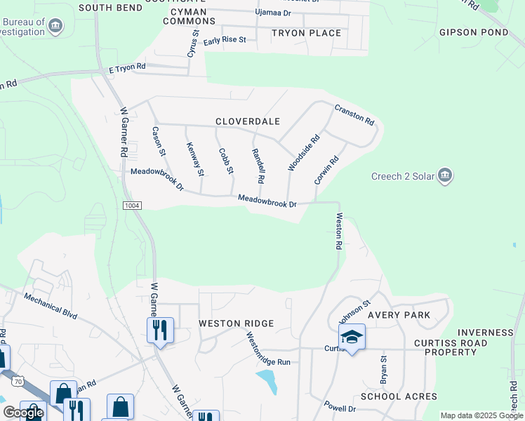 map of restaurants, bars, coffee shops, grocery stores, and more near 1304 Meadowbrook Drive in Garner