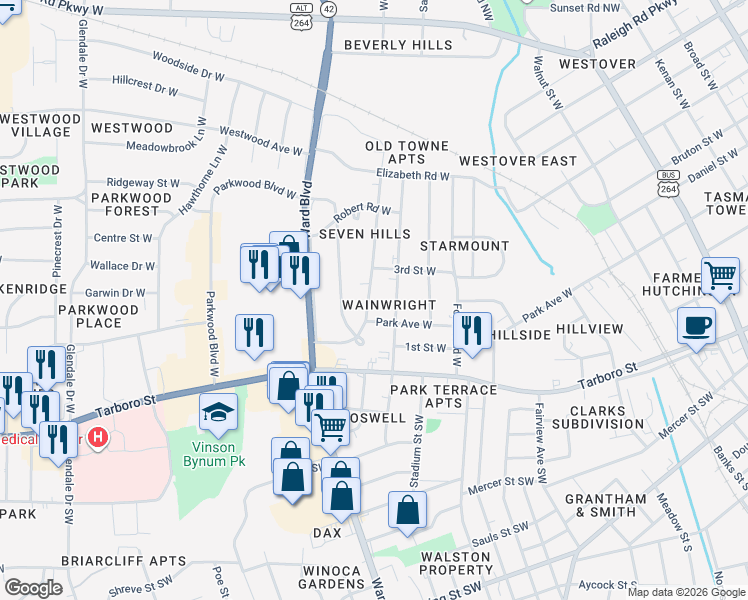map of restaurants, bars, coffee shops, grocery stores, and more near 204 Thurston Drive West in Wilson