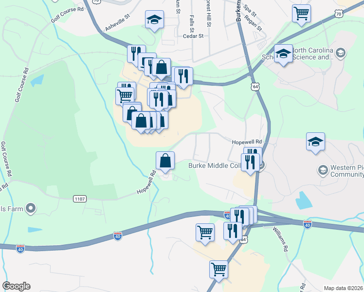map of restaurants, bars, coffee shops, grocery stores, and more near 511 Hopewell Road in Morganton