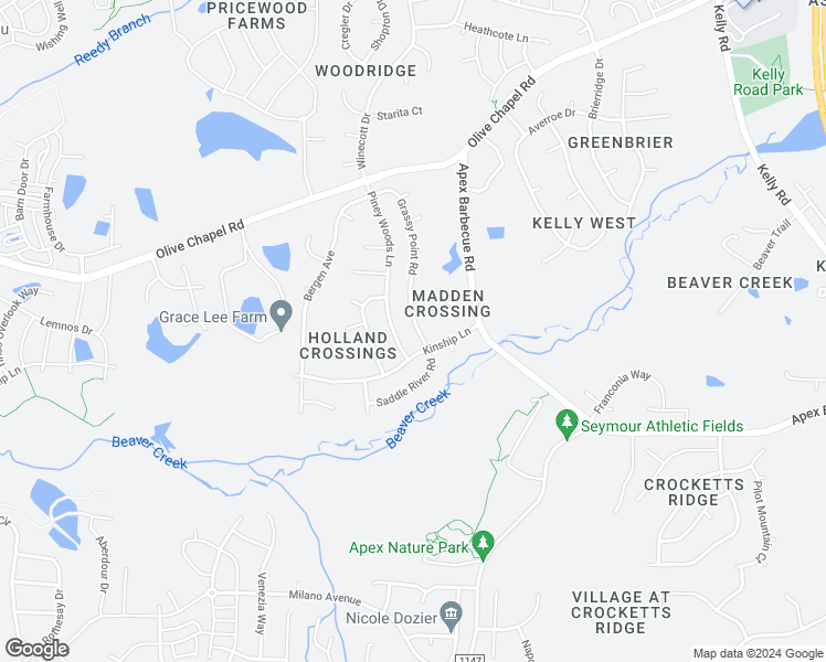 map of restaurants, bars, coffee shops, grocery stores, and more near 409 Grassy Point Road in Apex