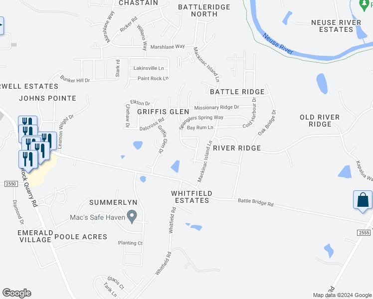 map of restaurants, bars, coffee shops, grocery stores, and more near 6815 Spanglers Spring Way in Raleigh