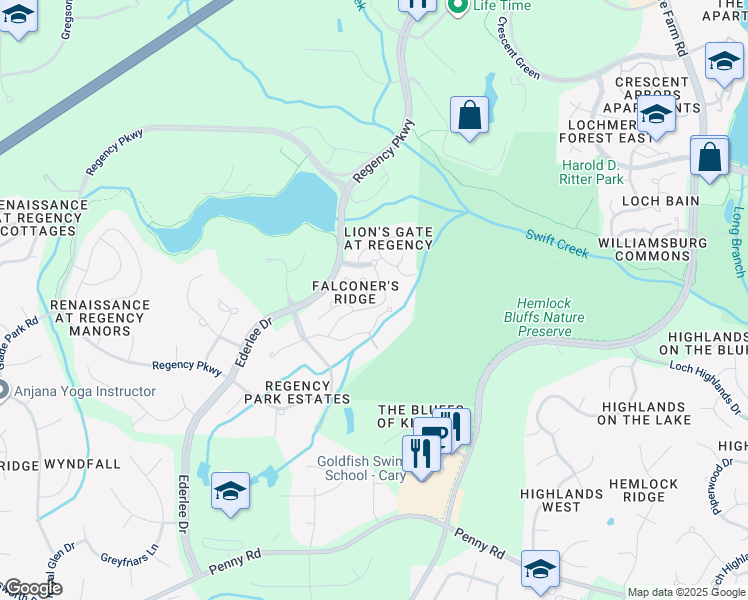 map of restaurants, bars, coffee shops, grocery stores, and more near 105 Tiercel Court in Cary