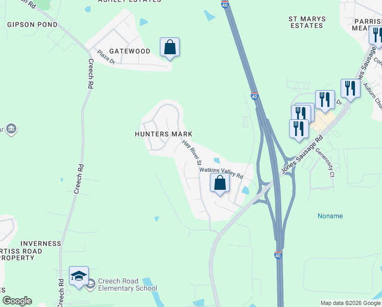 map of restaurants, bars, coffee shops, grocery stores, and more near 553 Hay River Street in Garner