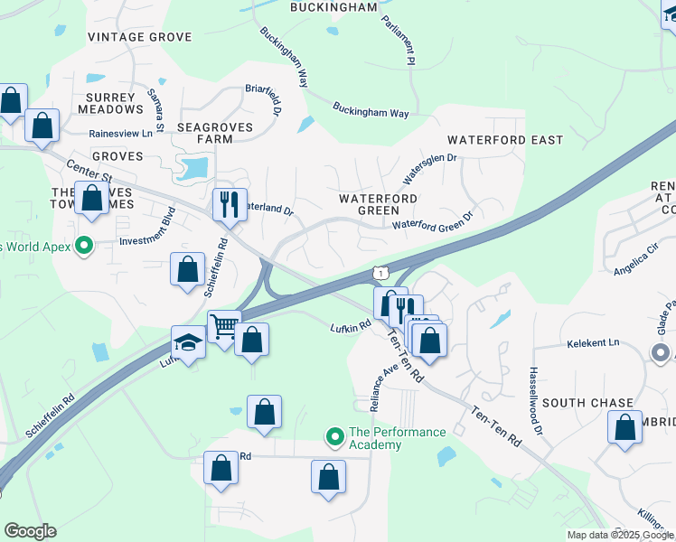 map of restaurants, bars, coffee shops, grocery stores, and more near 1909 Green Ford Lane in Apex