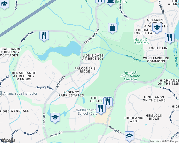 map of restaurants, bars, coffee shops, grocery stores, and more near 105 Tiercel Court in Cary