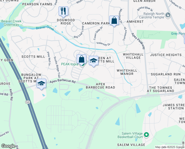 map of restaurants, bars, coffee shops, grocery stores, and more near 625 Magdala Place in Apex