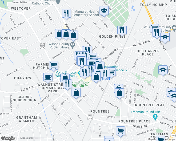 map of restaurants, bars, coffee shops, grocery stores, and more near 201 Goldsboro Street South in Wilson
