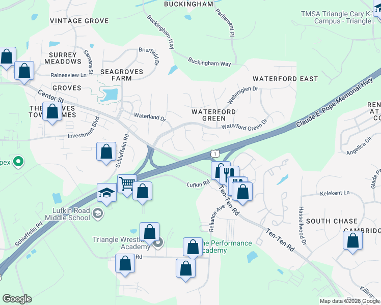 map of restaurants, bars, coffee shops, grocery stores, and more near 1909 Green Ford Lane in Apex
