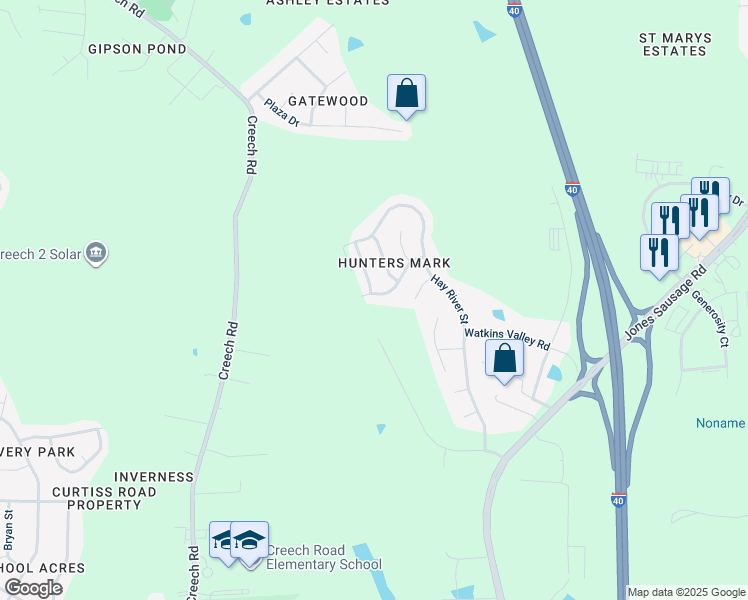 map of restaurants, bars, coffee shops, grocery stores, and more near 169 Longbay Street in Garner