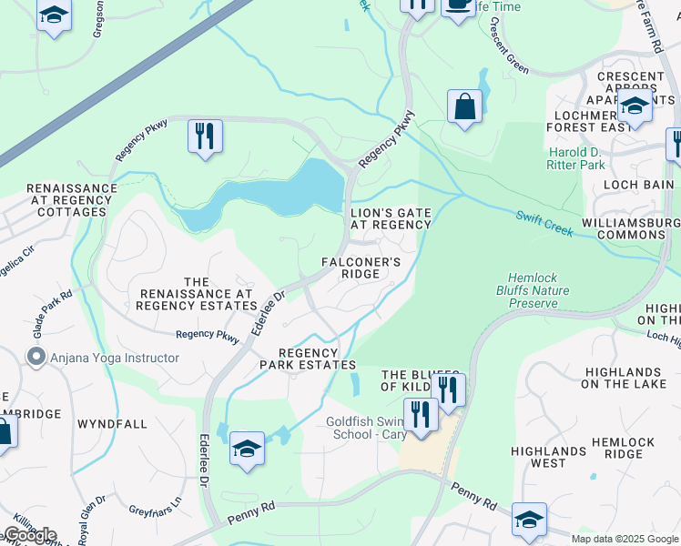map of restaurants, bars, coffee shops, grocery stores, and more near 114 Talon Drive in Cary
