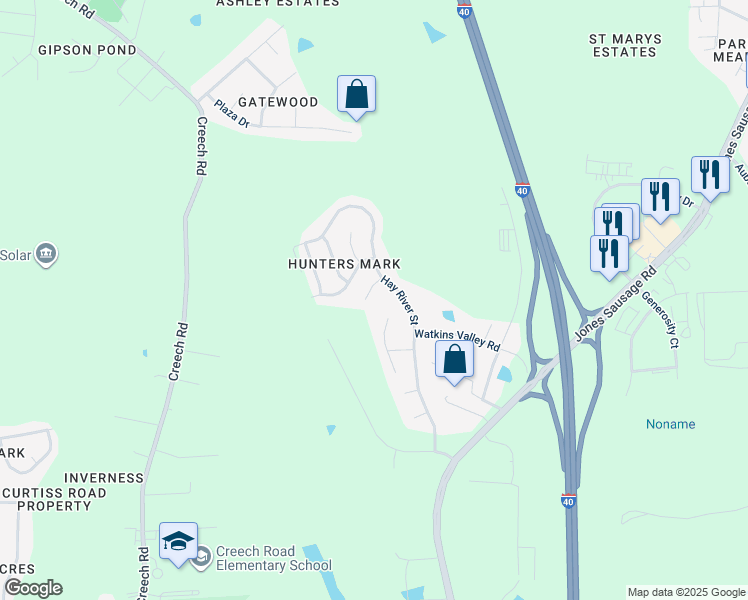 map of restaurants, bars, coffee shops, grocery stores, and more near 113 Alaverde Way in Garner