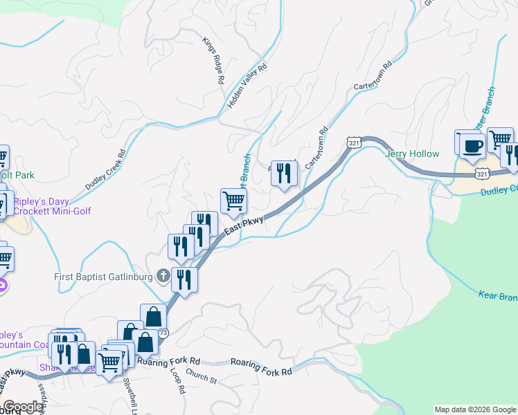 map of restaurants, bars, coffee shops, grocery stores, and more near 913 East Parkway in Gatlinburg