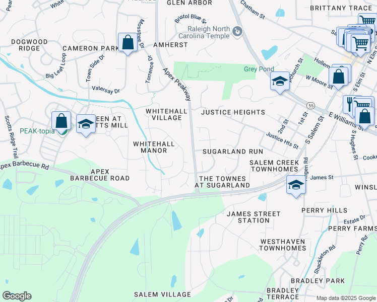 map of restaurants, bars, coffee shops, grocery stores, and more near 1003 Proper Court in Apex