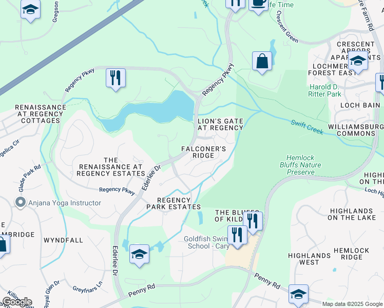map of restaurants, bars, coffee shops, grocery stores, and more near 114 Talon Drive in Cary