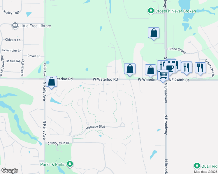 map of restaurants, bars, coffee shops, grocery stores, and more near 6708 Oak View Road in Edmond
