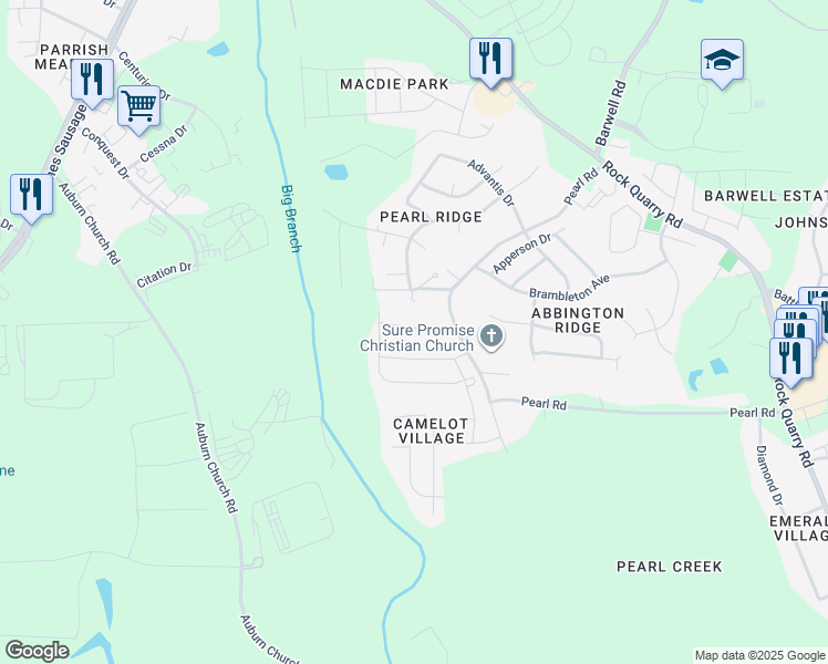 map of restaurants, bars, coffee shops, grocery stores, and more near 4745 Princess Anna Marie Lane in Raleigh