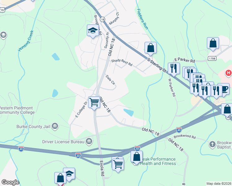 map of restaurants, bars, coffee shops, grocery stores, and more near 115 Willow Run Drive in Morganton