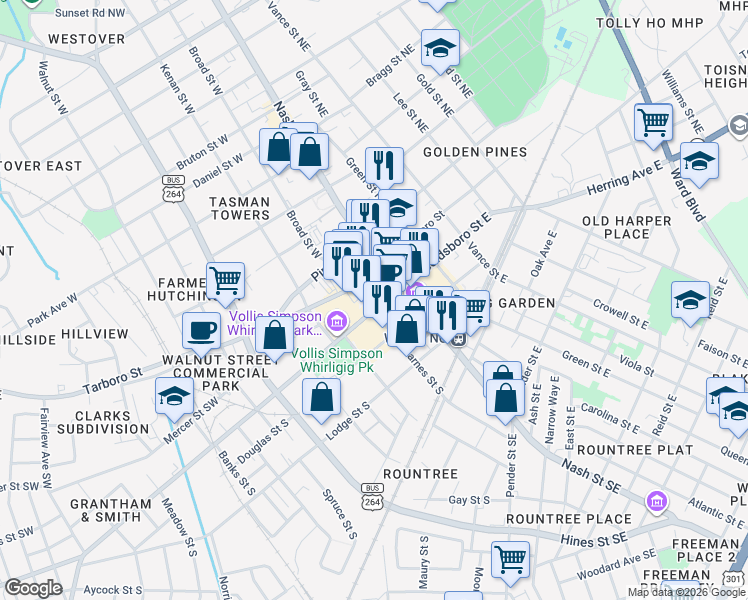map of restaurants, bars, coffee shops, grocery stores, and more near 201 Goldsboro Street South in Wilson