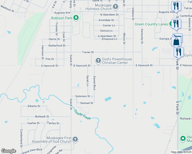 map of restaurants, bars, coffee shops, grocery stores, and more near 2404 Daniel Boulevard in Muskogee
