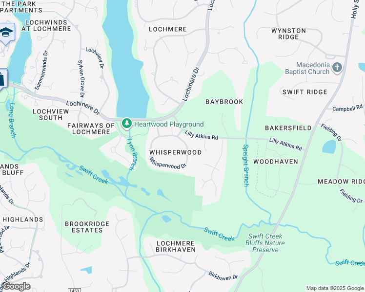 map of restaurants, bars, coffee shops, grocery stores, and more near 309 Whisperwood Drive in Cary