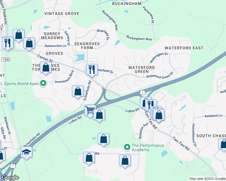 map of restaurants, bars, coffee shops, grocery stores, and more near 1818 Misty Hollow Lane in Apex