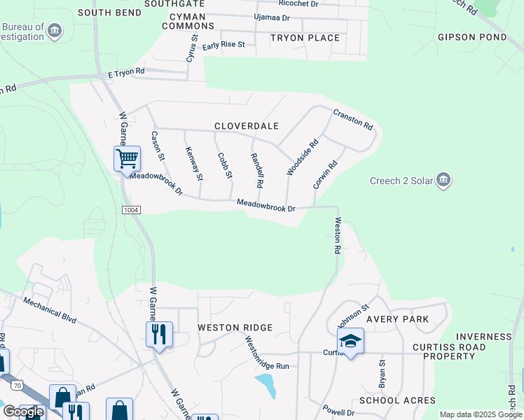 map of restaurants, bars, coffee shops, grocery stores, and more near 1304 Meadowbrook Drive in Garner