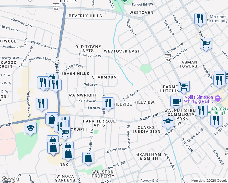 map of restaurants, bars, coffee shops, grocery stores, and more near 903 Anthony St W in Wilson