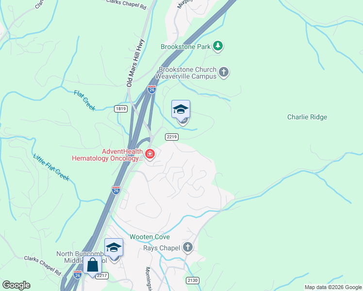 map of restaurants, bars, coffee shops, grocery stores, and more near 36 Doan Road in Weaverville