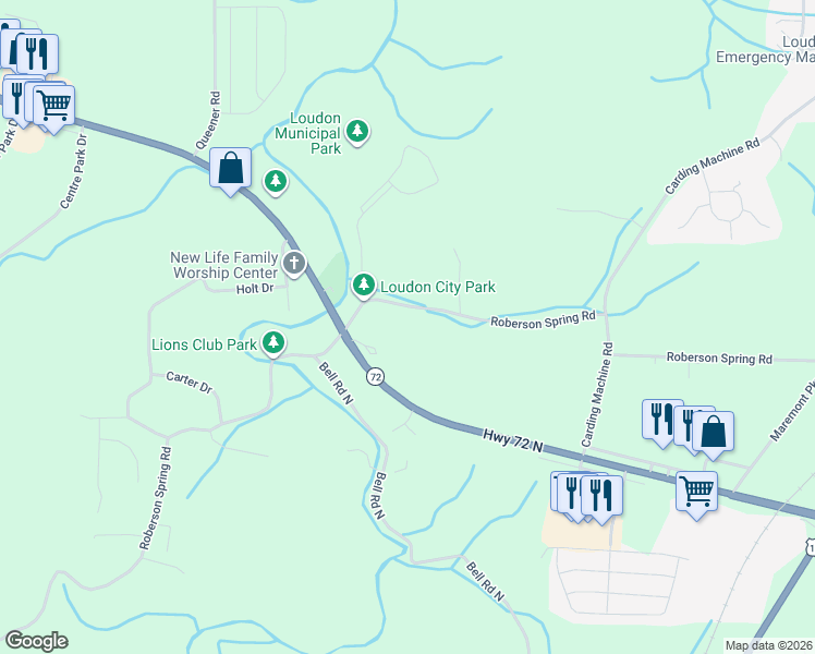 map of restaurants, bars, coffee shops, grocery stores, and more near 1441 Roberson Spring Road in Loudon