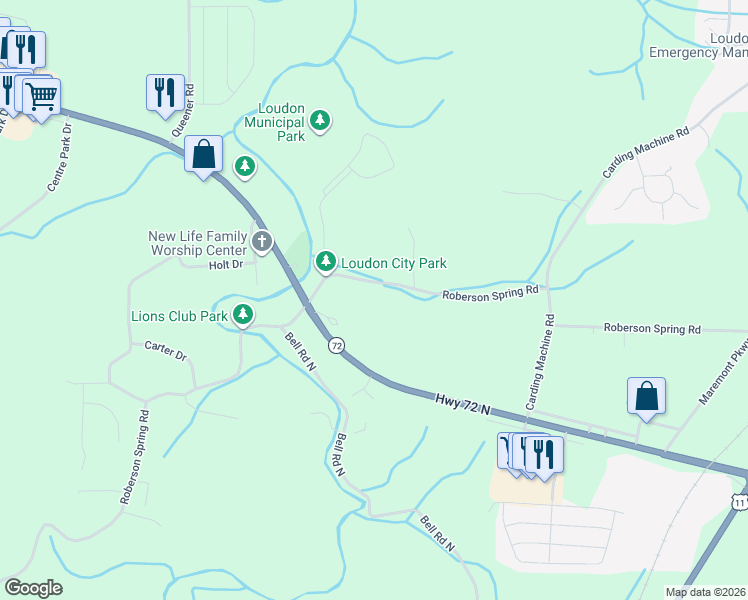 map of restaurants, bars, coffee shops, grocery stores, and more near 1441 Roberson Spring Road in Loudon
