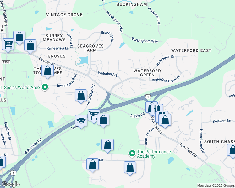 map of restaurants, bars, coffee shops, grocery stores, and more near 1818 Misty Hollow Lane in Apex