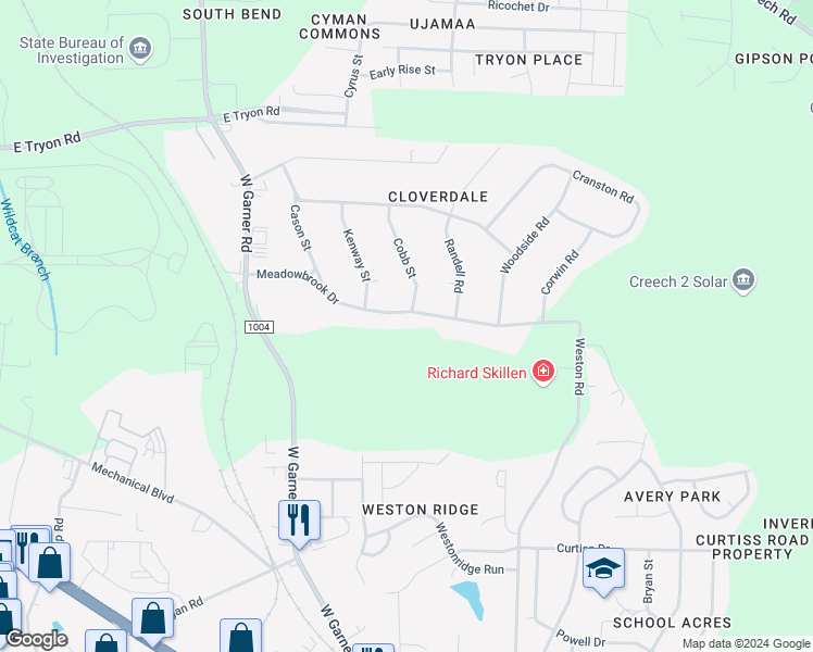 map of restaurants, bars, coffee shops, grocery stores, and more near 1112 Meadowbrook Drive in Garner