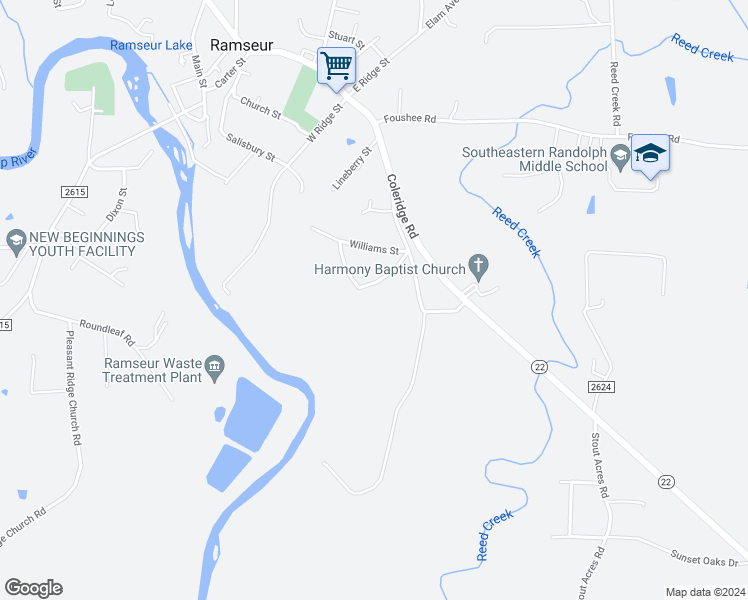 map of restaurants, bars, coffee shops, grocery stores, and more near 1130 Richardson Street in Ramseur