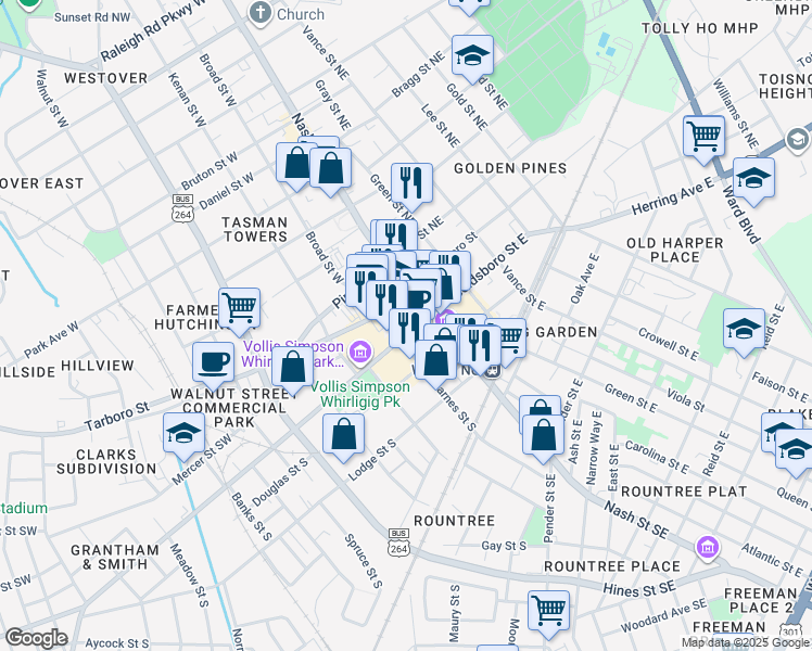 map of restaurants, bars, coffee shops, grocery stores, and more near 201 Goldsboro Street South in Wilson