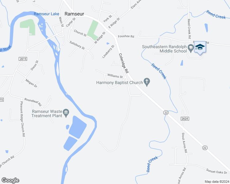 map of restaurants, bars, coffee shops, grocery stores, and more near 1130 Richardson Street in Ramseur